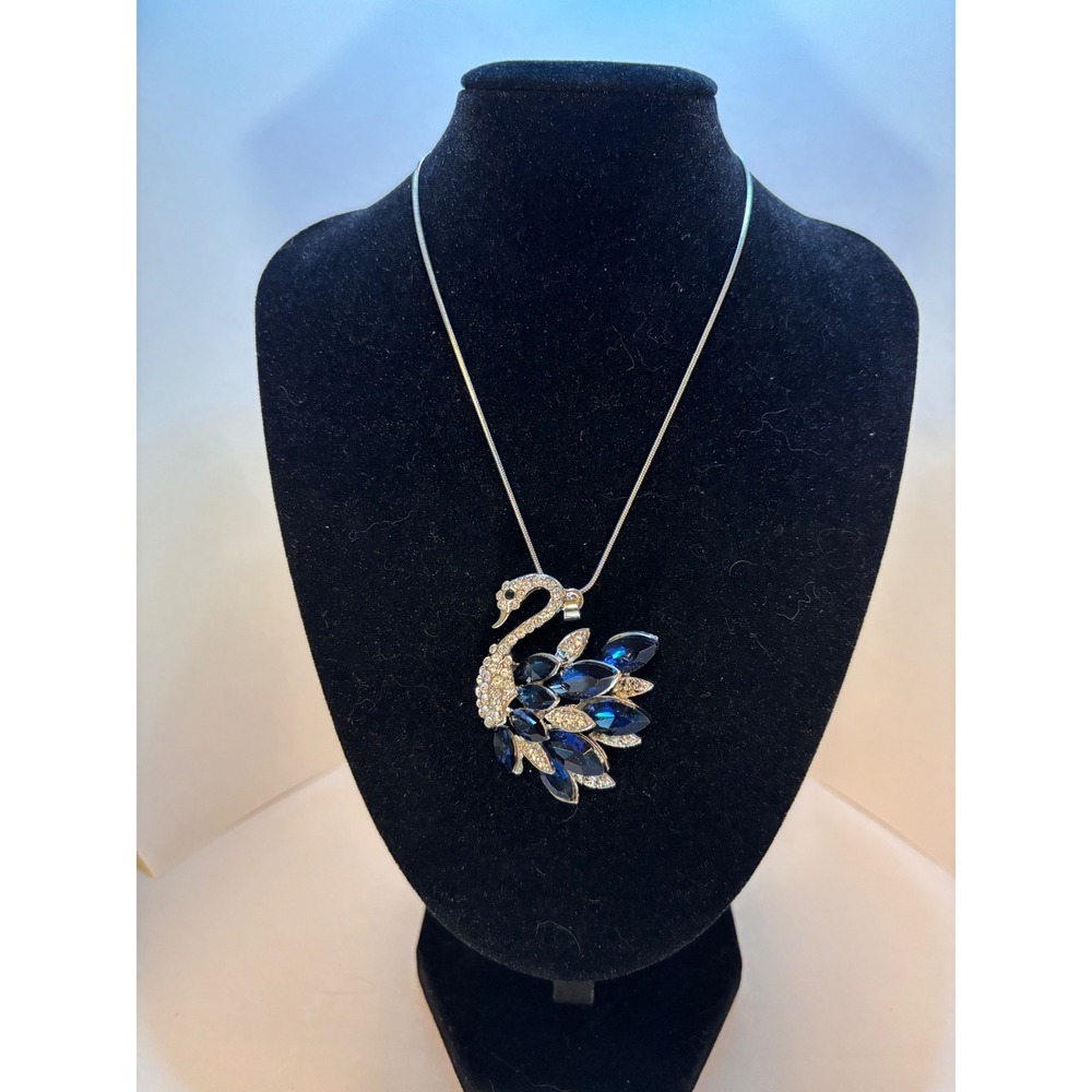 Silver Tone Blue Crystal Swan Pendant Necklace Snake Chain